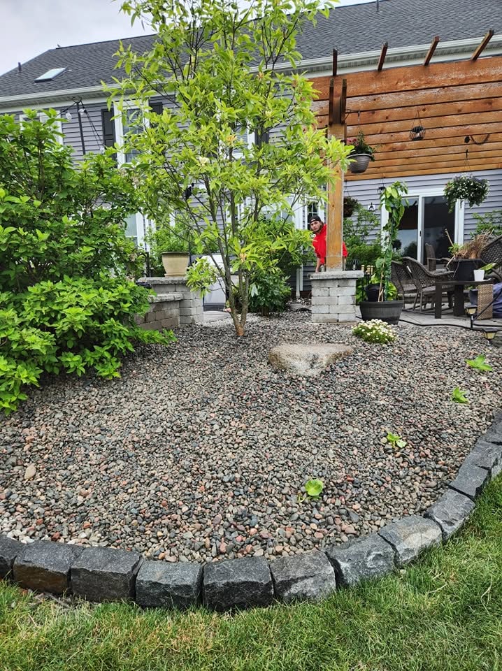 River Rock Bed with Pergola